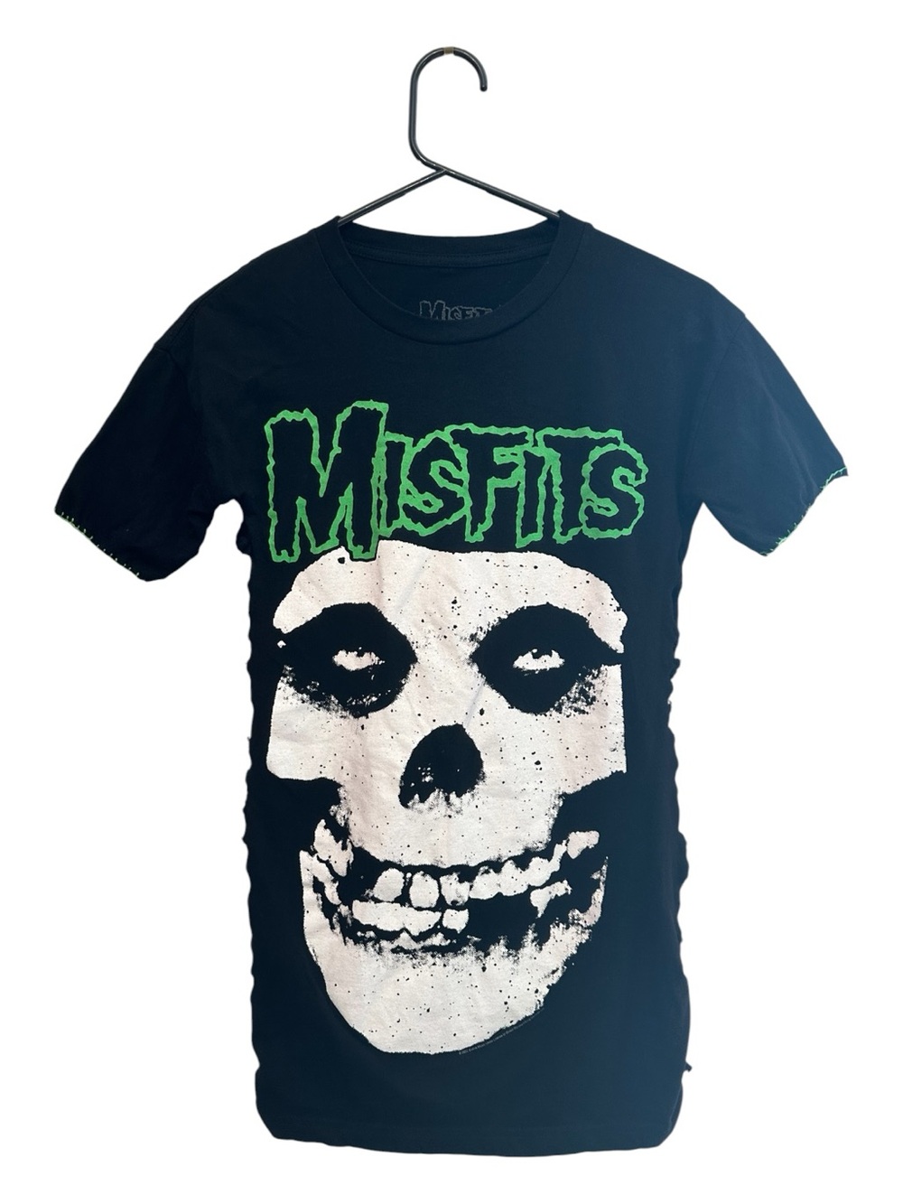 Upcycled Misfits Black Short Sleeve Skull Graphic Tee with Green Logo S/M*